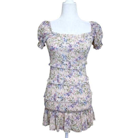 Katie J NYC Floral Smocked Tiered Mini Dress Puff-Sleeve Soft Pastel Girls Size - Picture 1 of 8